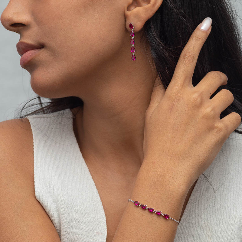 REDDISH PINK LINE OF PEARS BRACELET & STUD EARRING HALF SILVER SET