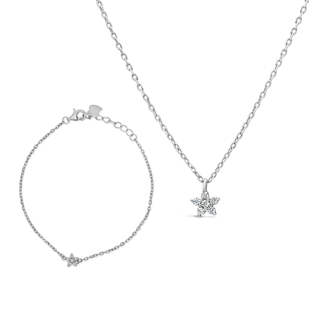 STAR ROUND STONED NECKLACE & BRACELET HALF SILVER SET