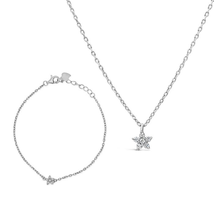 STAR ROUND STONED NECKLACE & BRACELET HALF SILVER SET