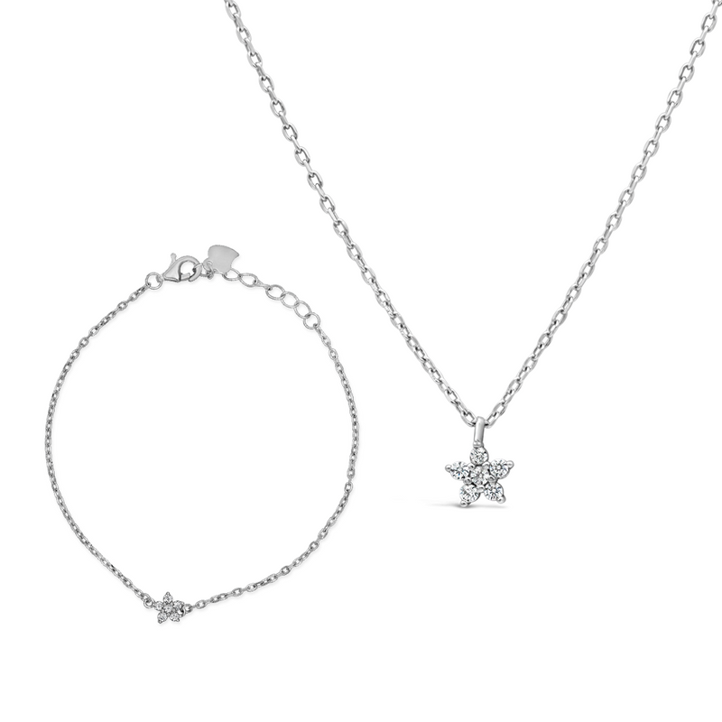 STAR ROUND STONED NECKLACE & BRACELET HALF SILVER SET