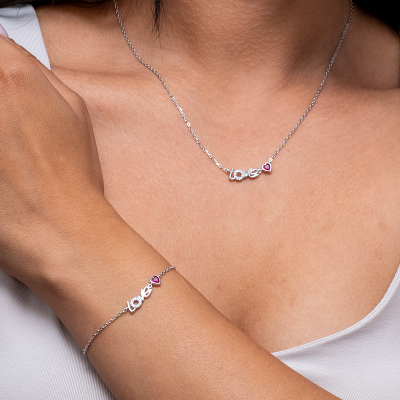 "LOVE" WORD PINK HEARTED ROUND STONED HALF SILVER SET