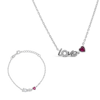 "LOVE" WORD PINK HEARTED ROUND STONED HALF SILVER SET