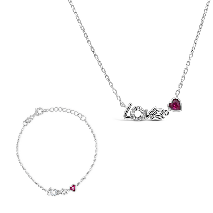 "LOVE" WORD PINK HEARTED ROUND STONED HALF SILVER SET