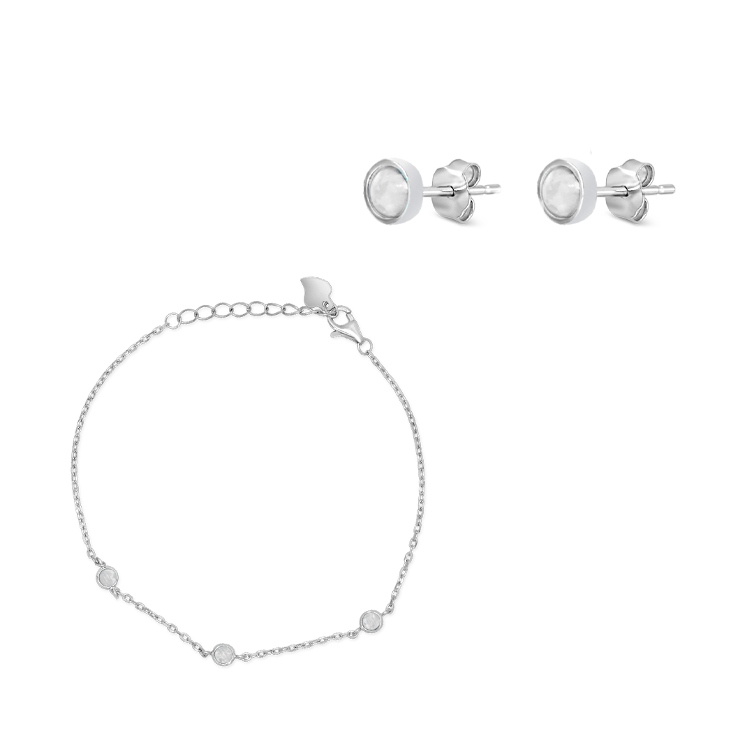 FRAMED ROUND SHELL BRACELET & STUD EARRING HALF SILVER SET