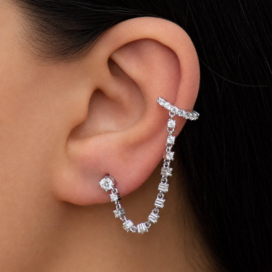 CLASSY CUFF STONED LOOP STUD SILVER EARRING