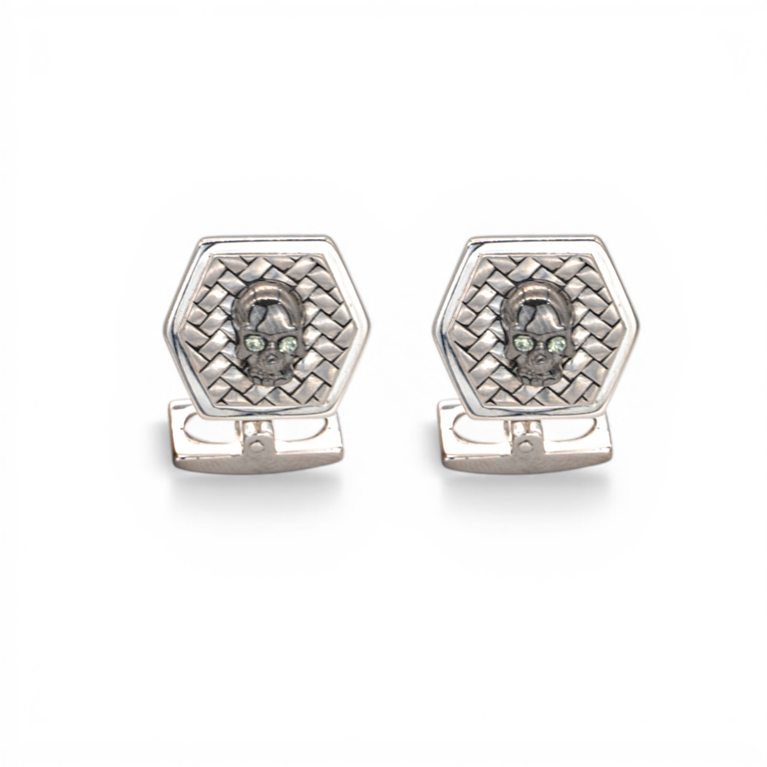 BLACK STONED SKULL SHAPE MEN SILVER CUFFLINKS